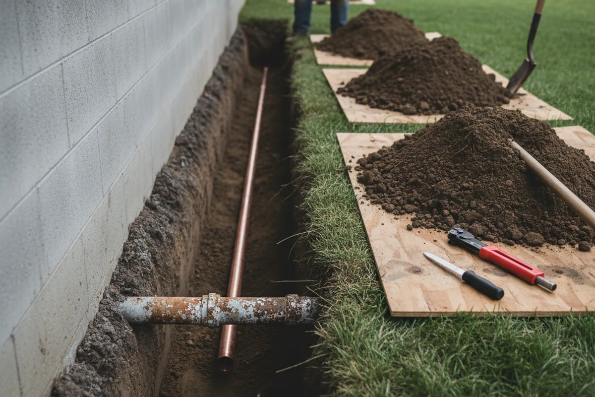 Excavated water line trench during Water Softener Installation in Kaufman